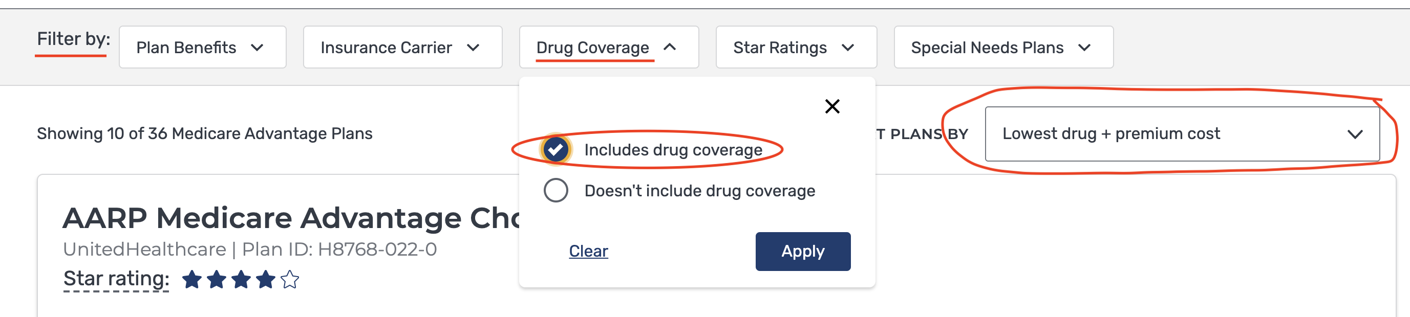 A screenshot to show how to filter by drug availability and cost per Medicare plan.