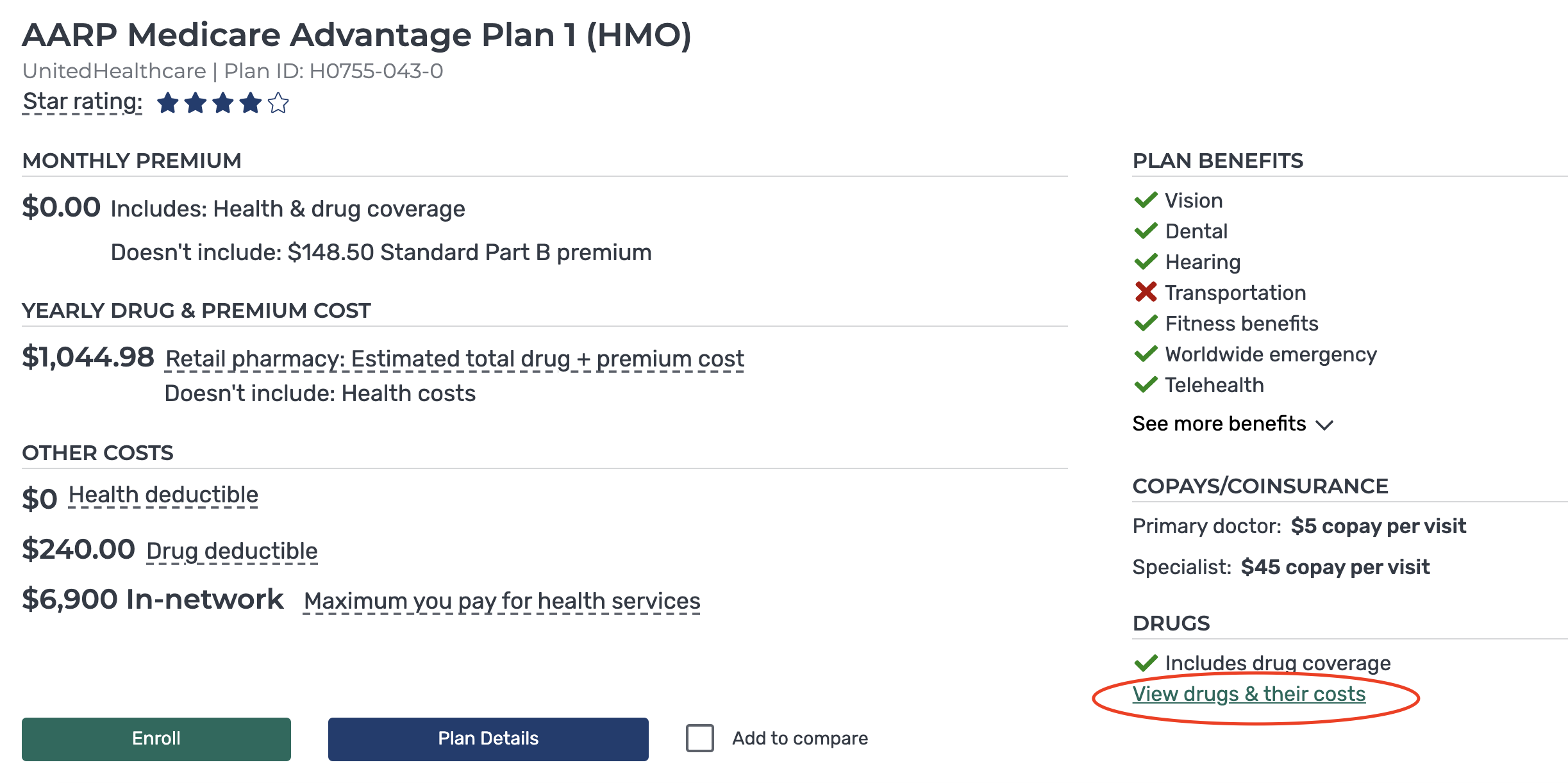 A screenshot to show where to view drug availability and cost when looking at Medicare plan options. 
