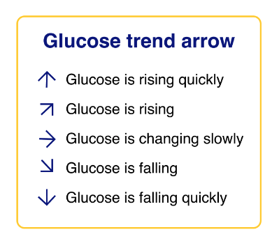 yellow box with text inside in blue. Text shows 5 different arrows that indicate if glucose is rising quickly, steadily, or falling.