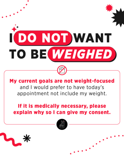 White background, with black and red decorative shapes, text that says "I do not want to be weighed".